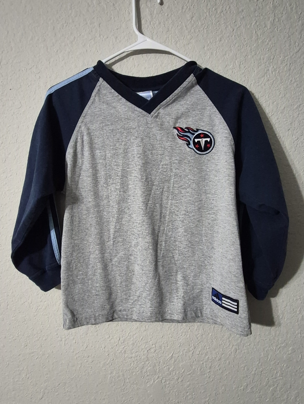 1990's Vintage Stone Adidas Kids Long Sleeve V-Neck Shirt - Gray & Navy